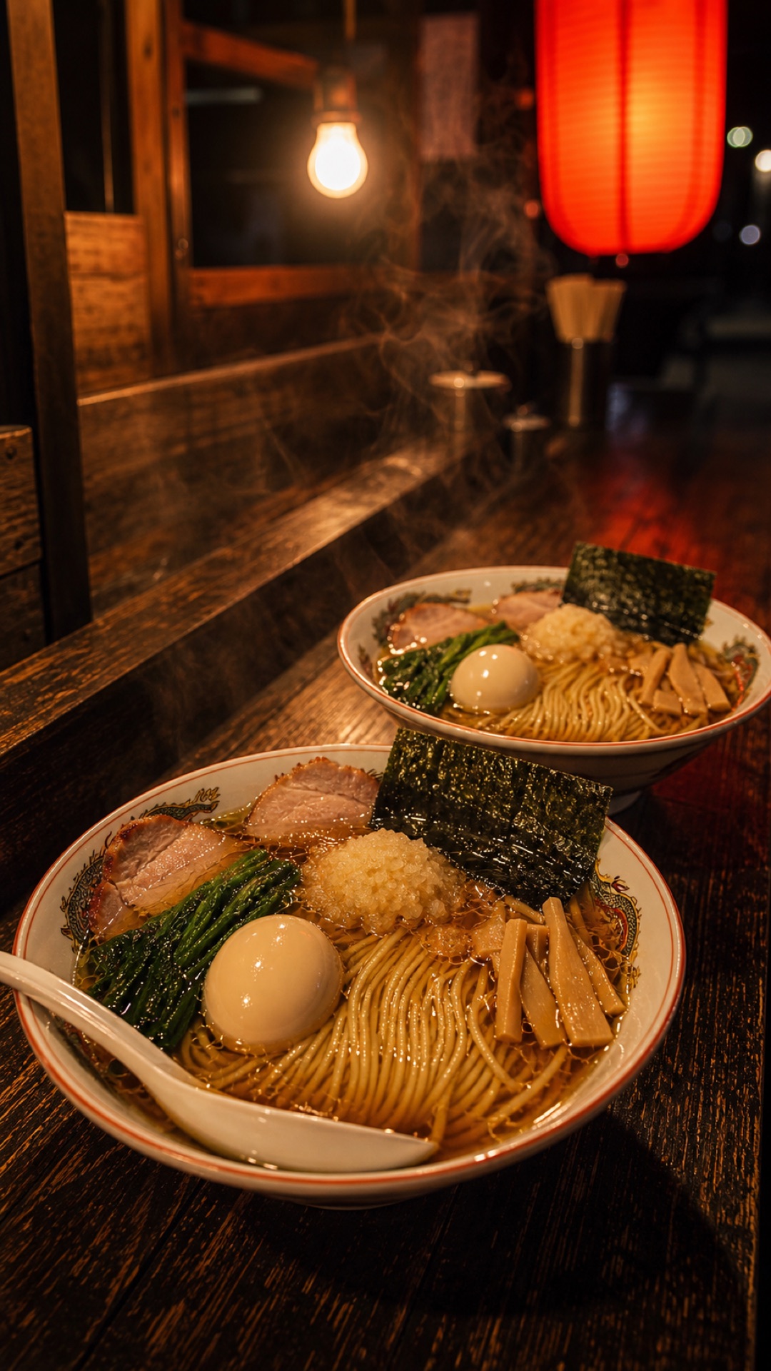 カウンターに並ぶ二杯のラーメン