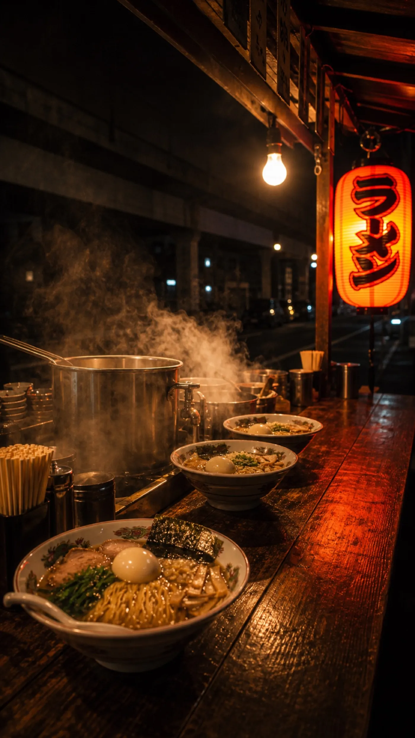 夜の屋台。赤い提灯の下、湯気が上がるカウンターに丼が並ぶ