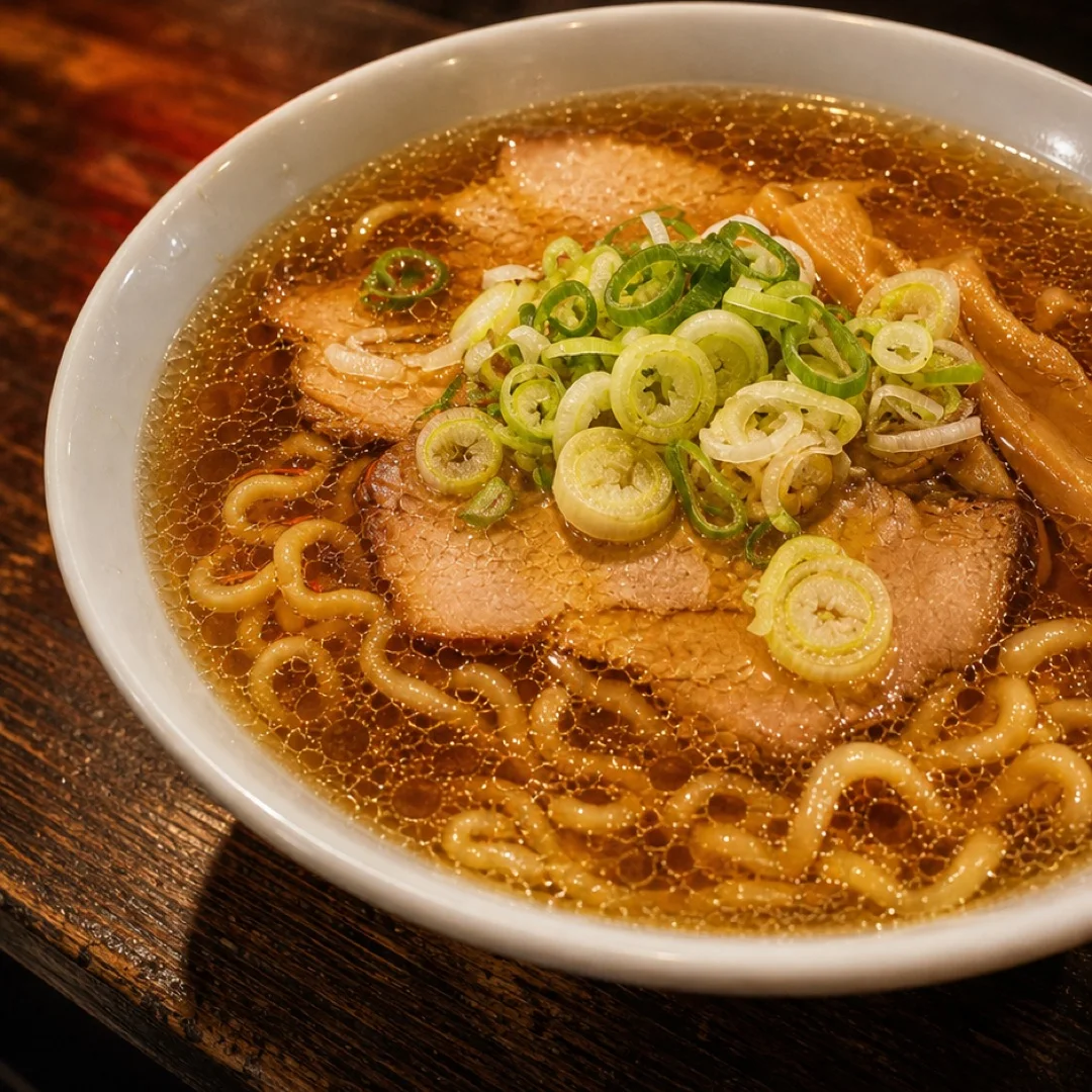 屋台のちゃん系。あっさりの醤油に、もちもちの中太麺と青ねぎ、チャーシュー、メンマ