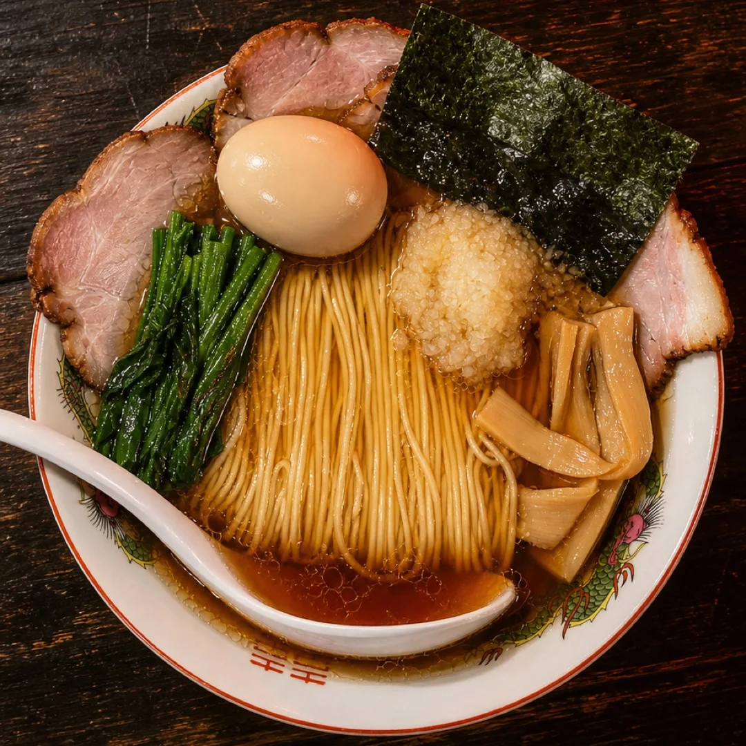 屋台の中華そば。澄んだ醤油スープに細麺、チャーシュー、刻み玉ねぎ、メンマ、海苔、ほうれん草